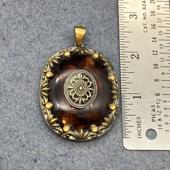 Vintage Bohemian Statement Pendant Amber Indian Tribal Brass Resin Rhinestone - Picture 6 of 7